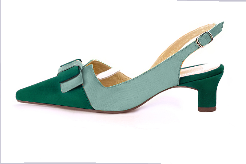 Forest green women's open back shoes, with a knot. Tapered toe. Low kitten heels. Profile view - Florence KOOIJMAN